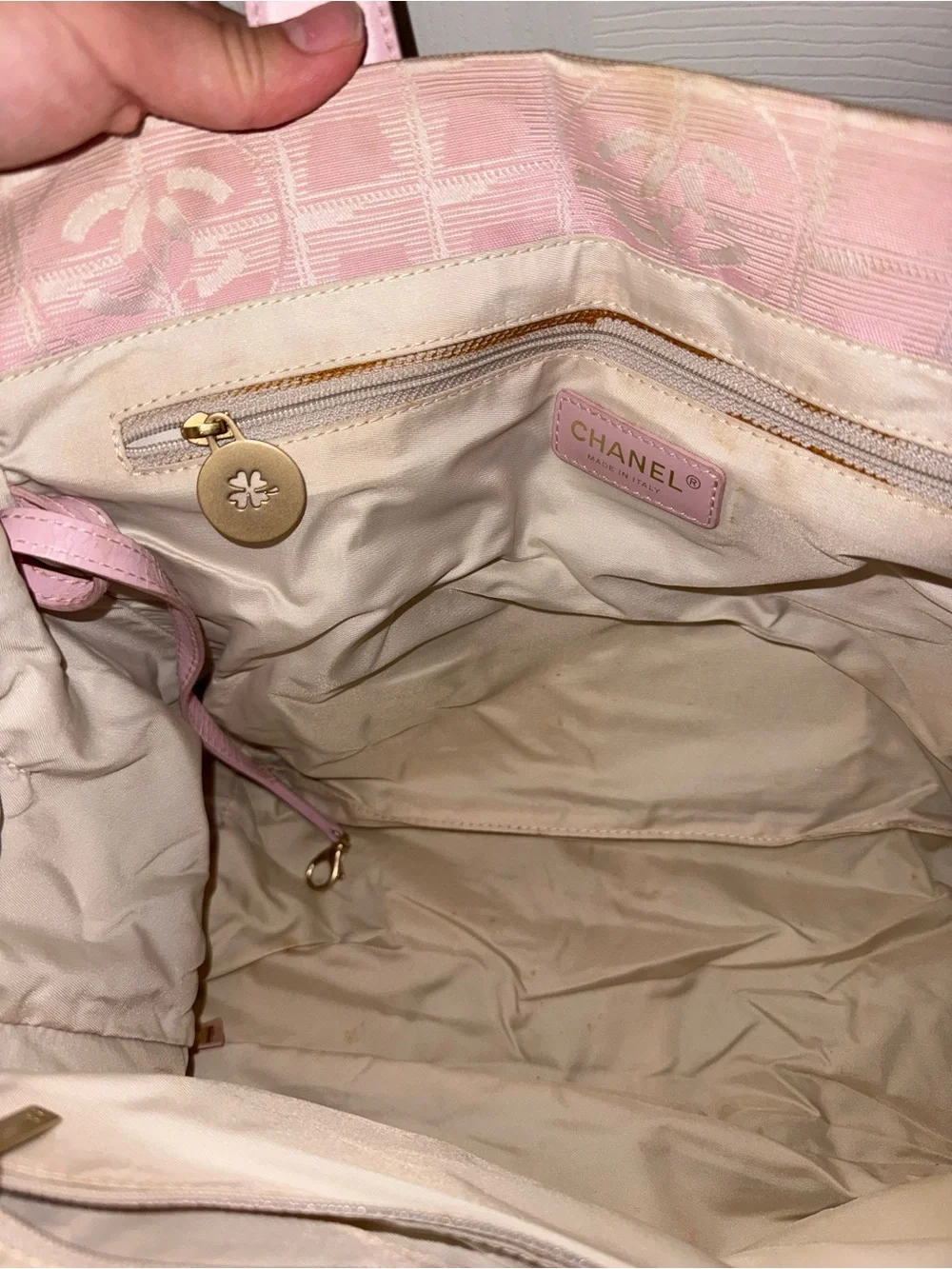 Vintage CHANEL Pink Signature Canvas Tote with Leather Handles